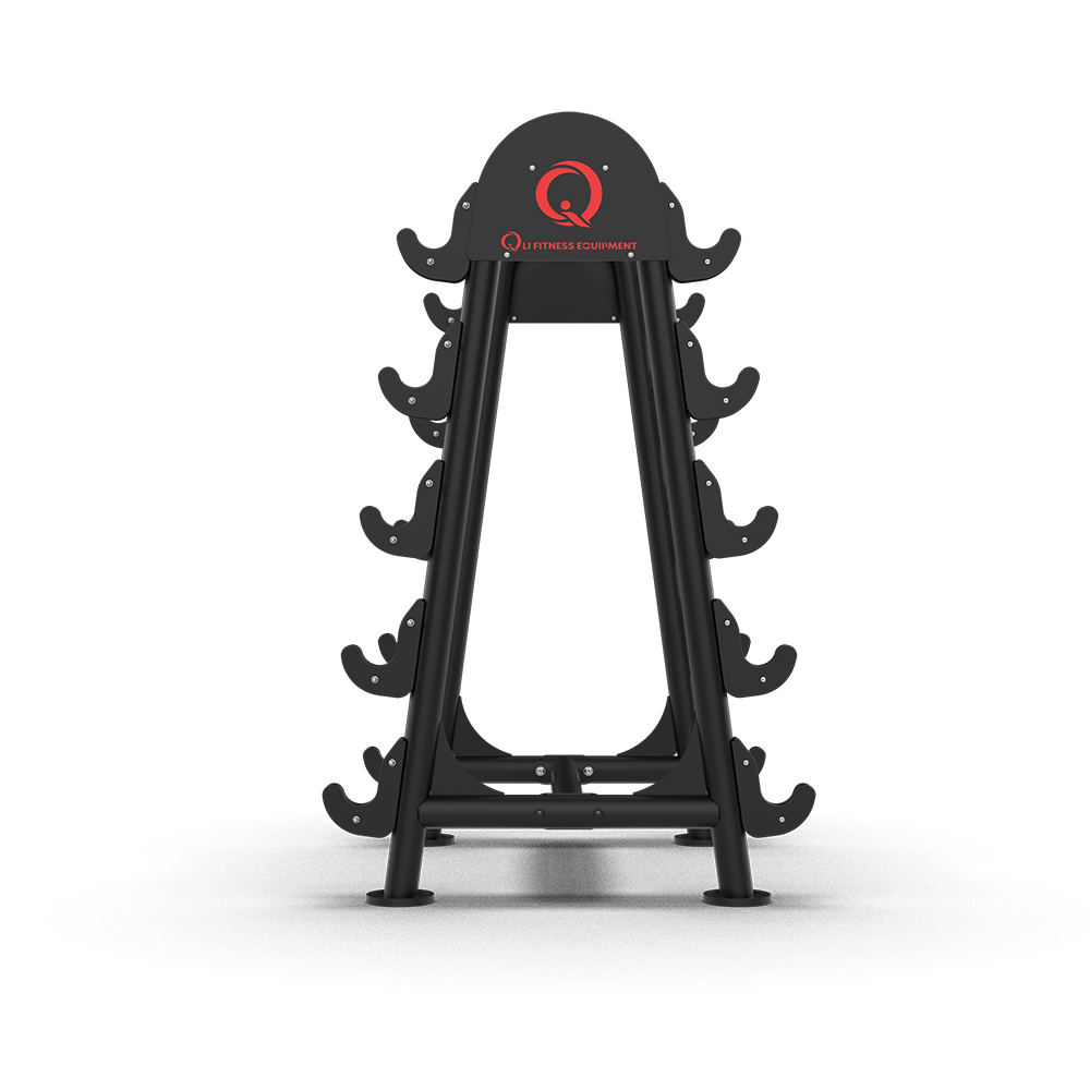 QLI QBSR92 barbell rack end-on, showing one A-frame with holders on both faces and the red QLI panel