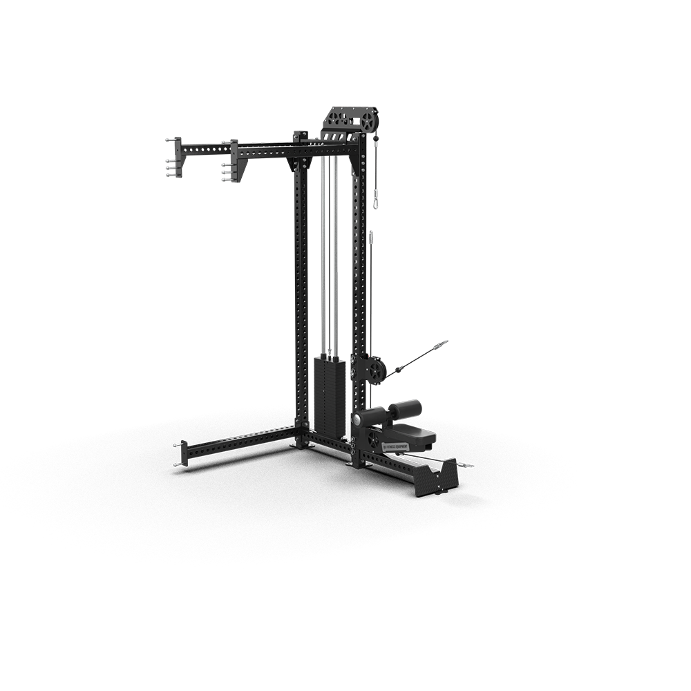QLI Cable Crossover Attachment QCCA106, a weight stack tower with a lat pulldown bar and seat frame