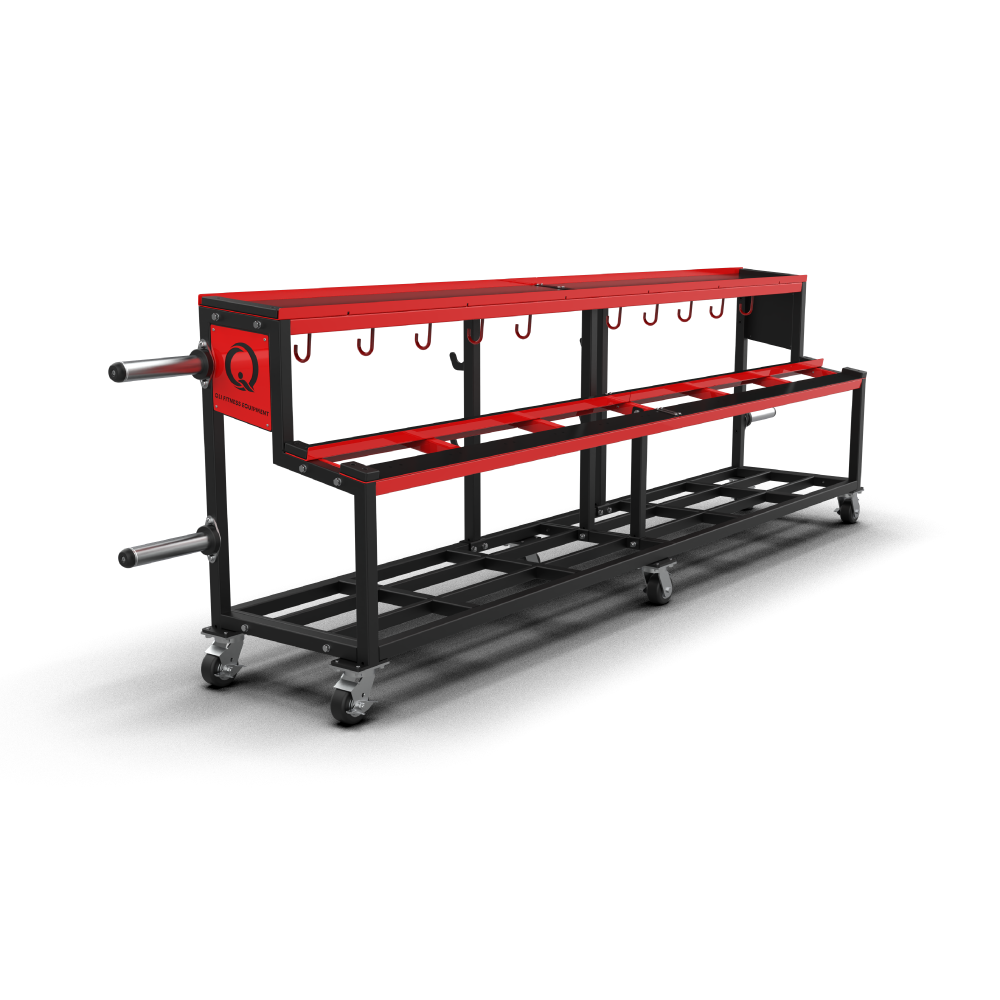 QLI Disc & Dumbbell Rack QDR144, a long black mobile rack with red tiers, hanging hooks, end plate horns and castors