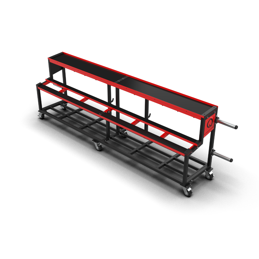 QLI QDR144 rack from above, showing the black-lined top tray and the middle tier rails