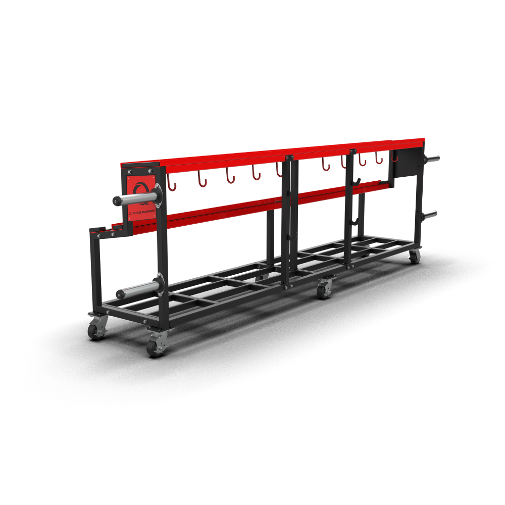 QLI QDR144 rack from the rear, showing the row of hooks under the top tray and the red QLI end panel