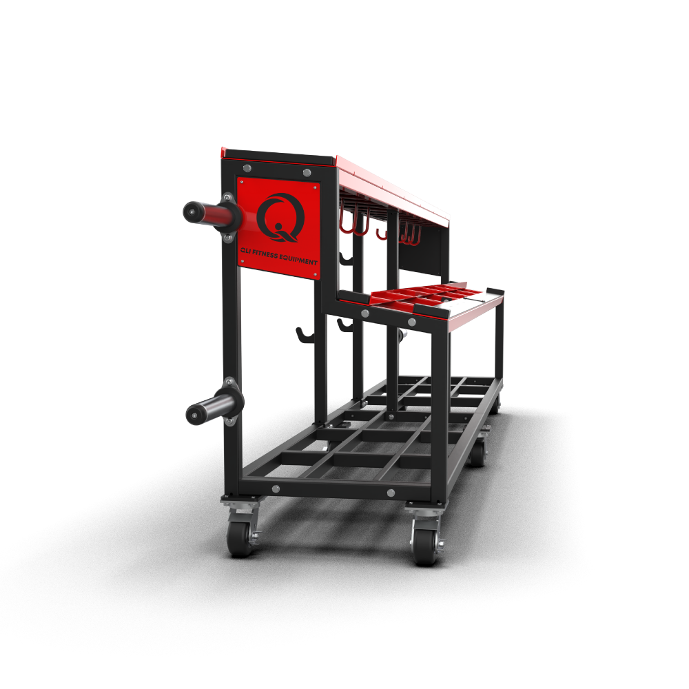 QLI QDR144 rack end-on, showing the red QLI FITNESS EQUIPMENT panel, two plate horns and castors