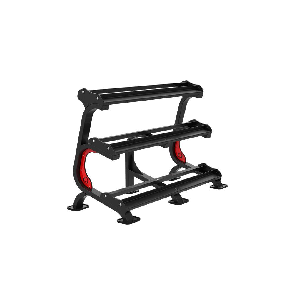 QLI Dumbbell Storage Rack QDSR84, a black three-tier dumbbell rack with curved side frames and red inserts