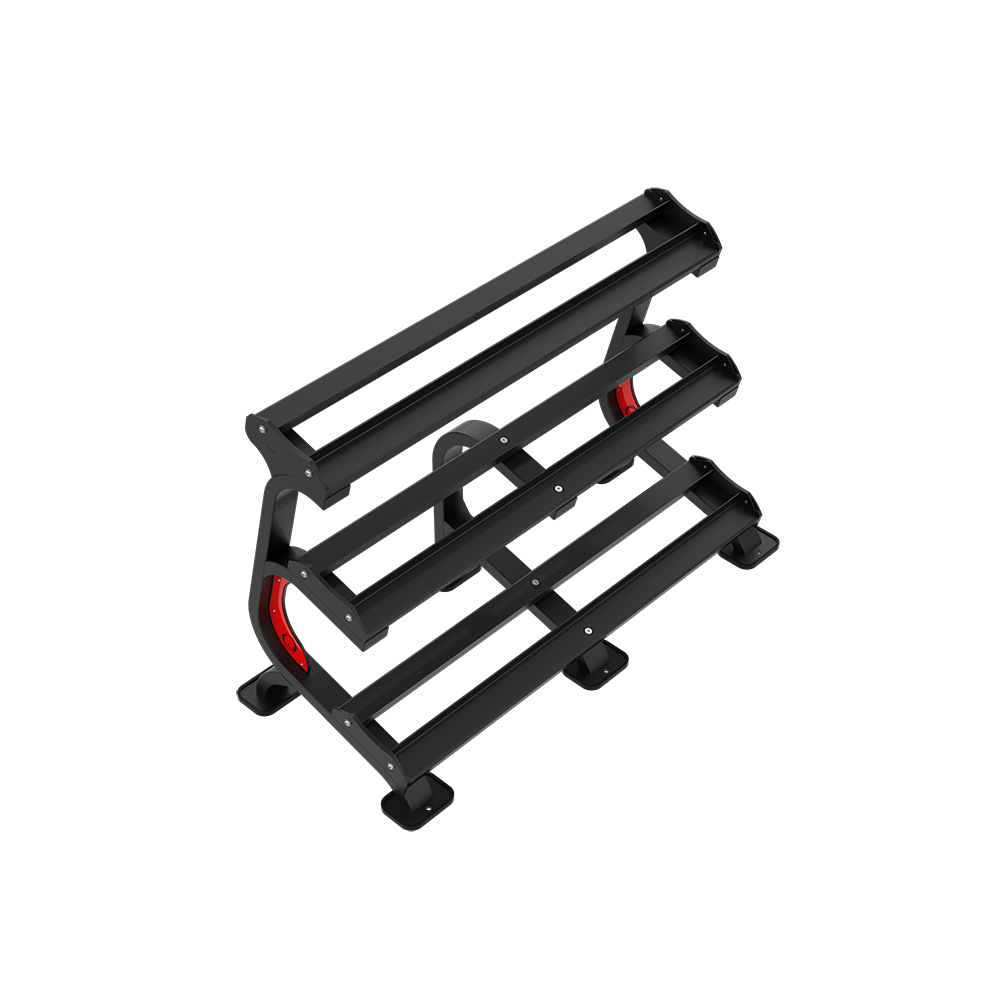 QLI QDSR84 dumbbell rack from above, showing the angled twin-rail tiers