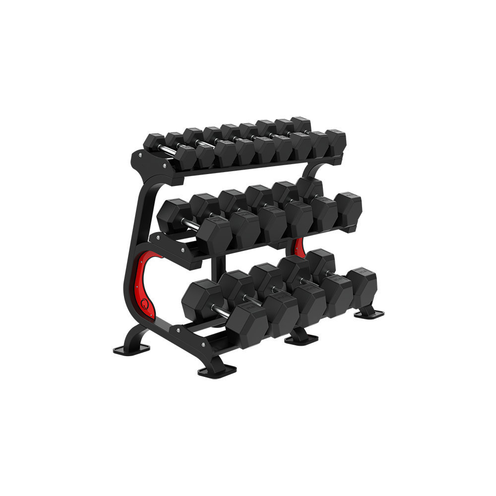 QLI QDSR84 dumbbell rack shown loaded with hex dumbbells on all three tiers