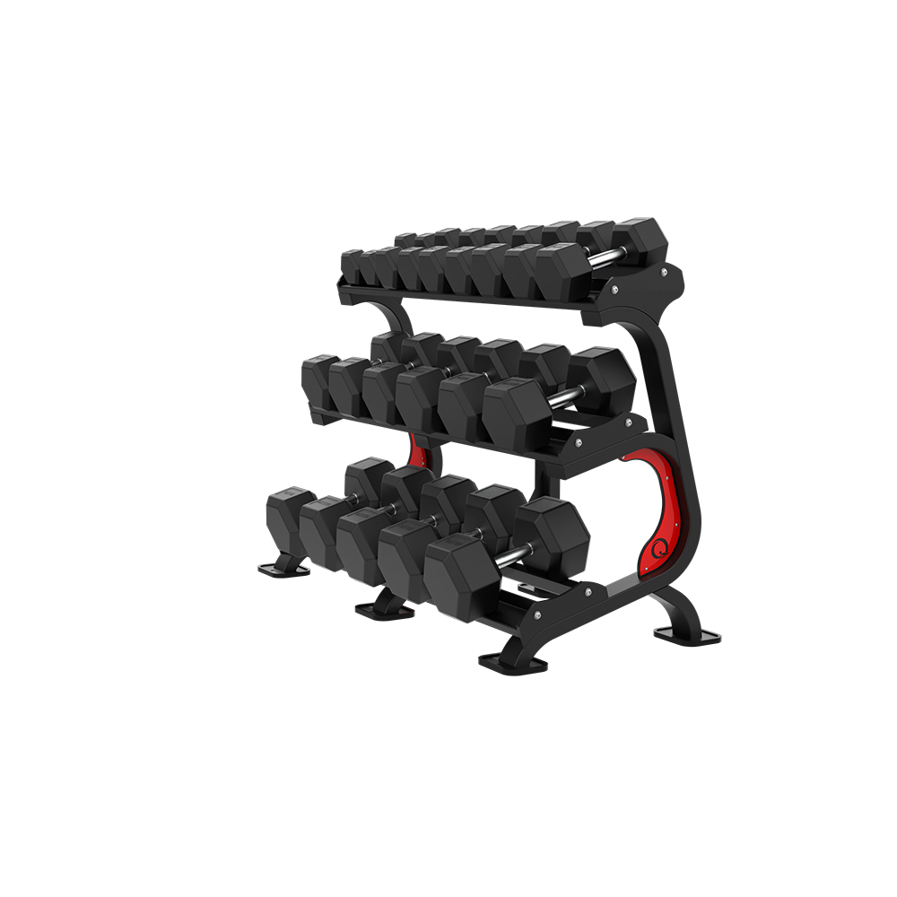 QLI QDSR84 dumbbell rack shown loaded with hex dumbbells, with the red side insert in view