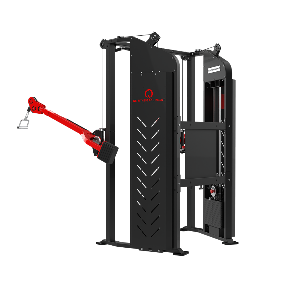 QLI QFTM77 three-quarter view, showing the shrouded weight stack and an adjustable arm