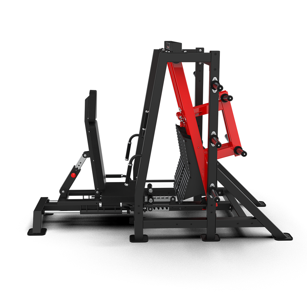 Side profile of the QLI QHP092 hip press, showing the lever arm path, back pad and footplates