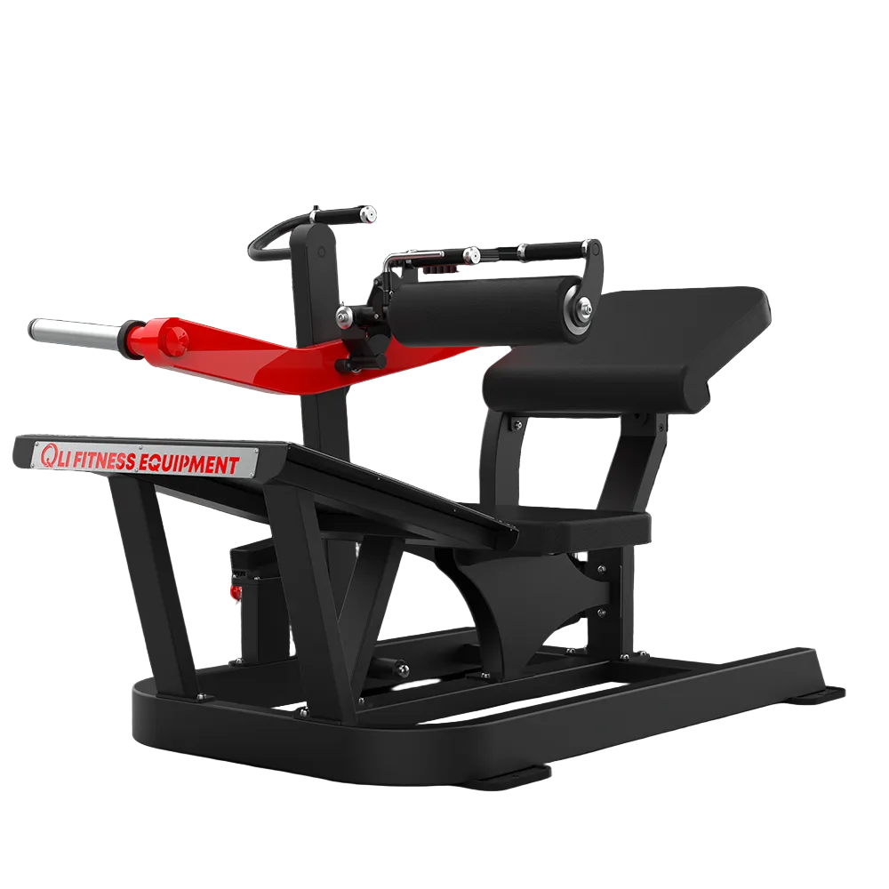 QLI Hip Thrust Machine QHTM050 - plate-loaded glute machine with non-slip footplate, seat, back pad and padded red lever arm