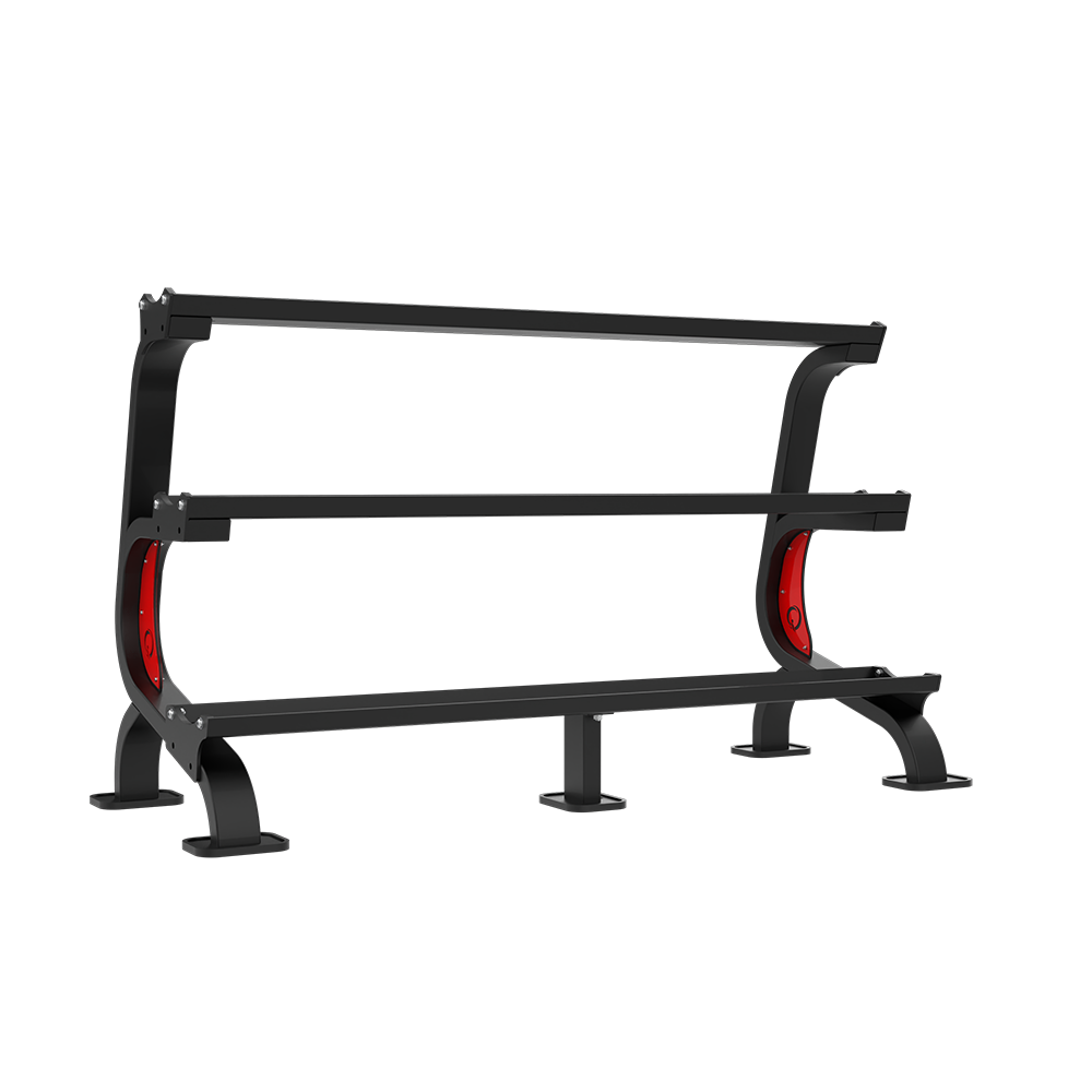 QLI Kettlebell Storage Rack QKSR54, a black three-tier kettlebell rack with curved side frames and red inserts