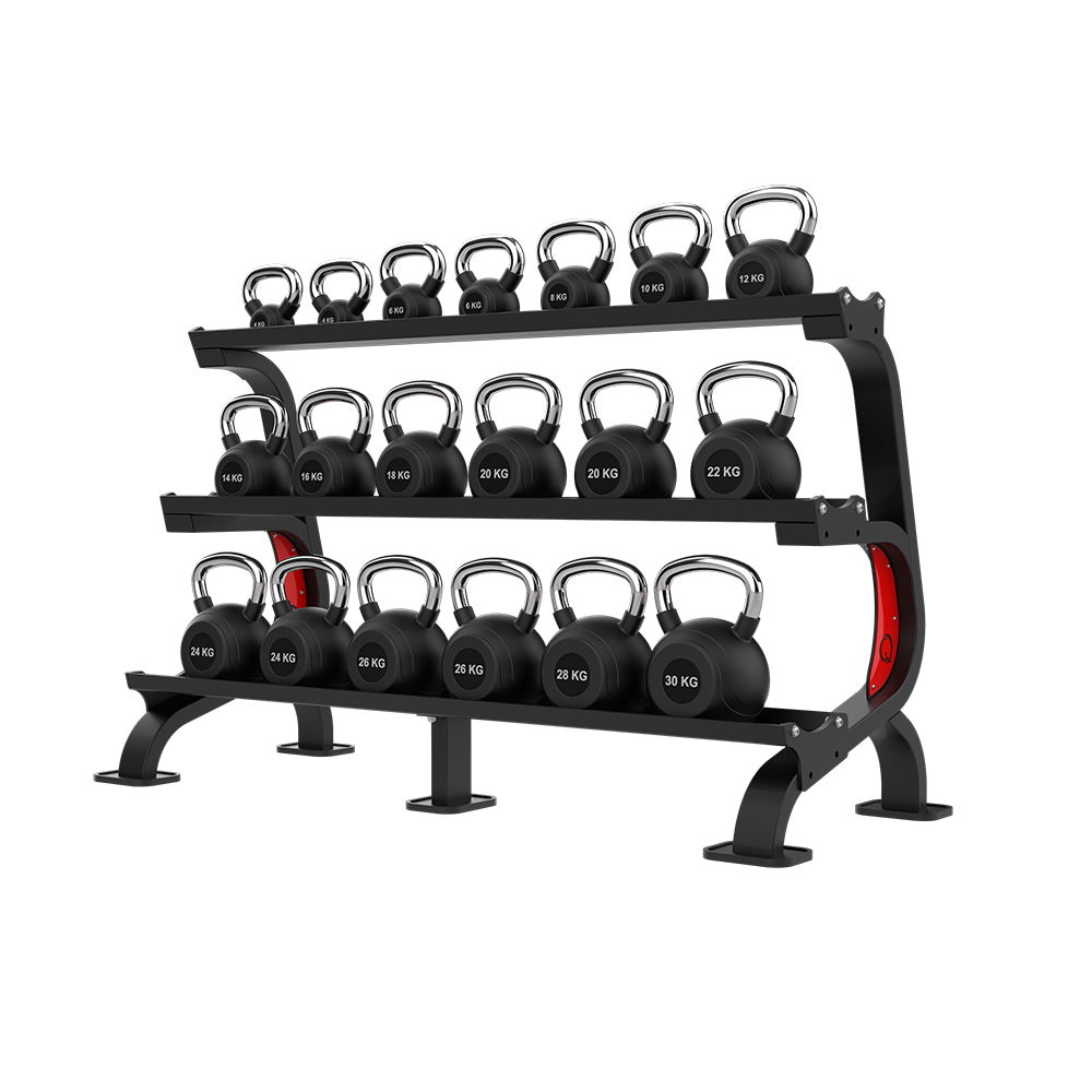 QLI QKSR54 kettlebell rack shown loaded with kettlebells on all three tiers