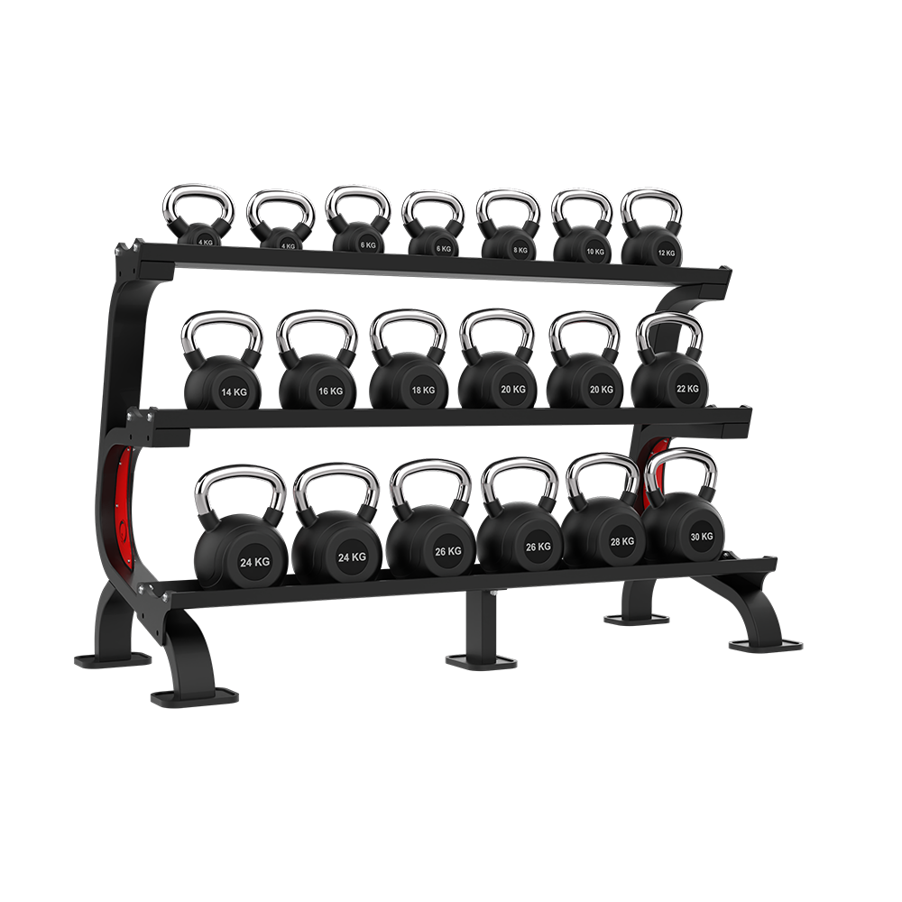 QLI QKSR54 kettlebell rack from the front, shown loaded with kettlebells