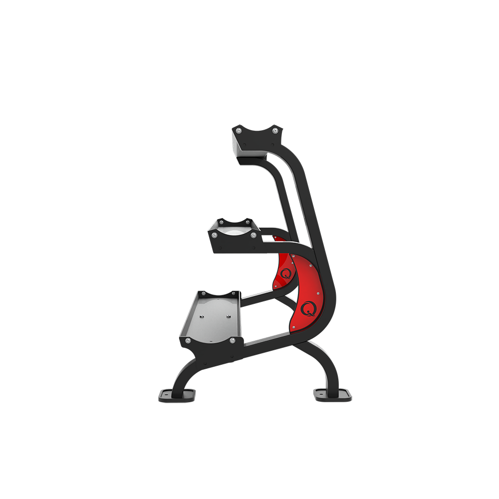 QLI QKSR54 kettlebell rack side profile, showing the curved frame and red insert