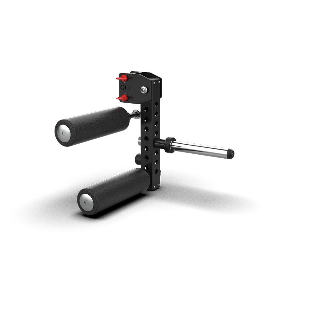 QLI Leg Curl Attachment QLCA23, twin foam leg rollers on a rack mount with a plate horn and red pin