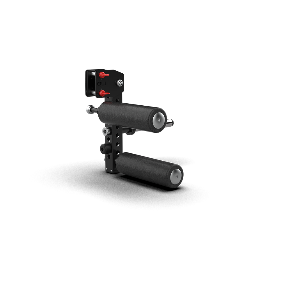 QLI QLCA23 leg curl attachment from the front, showing the padded rollers