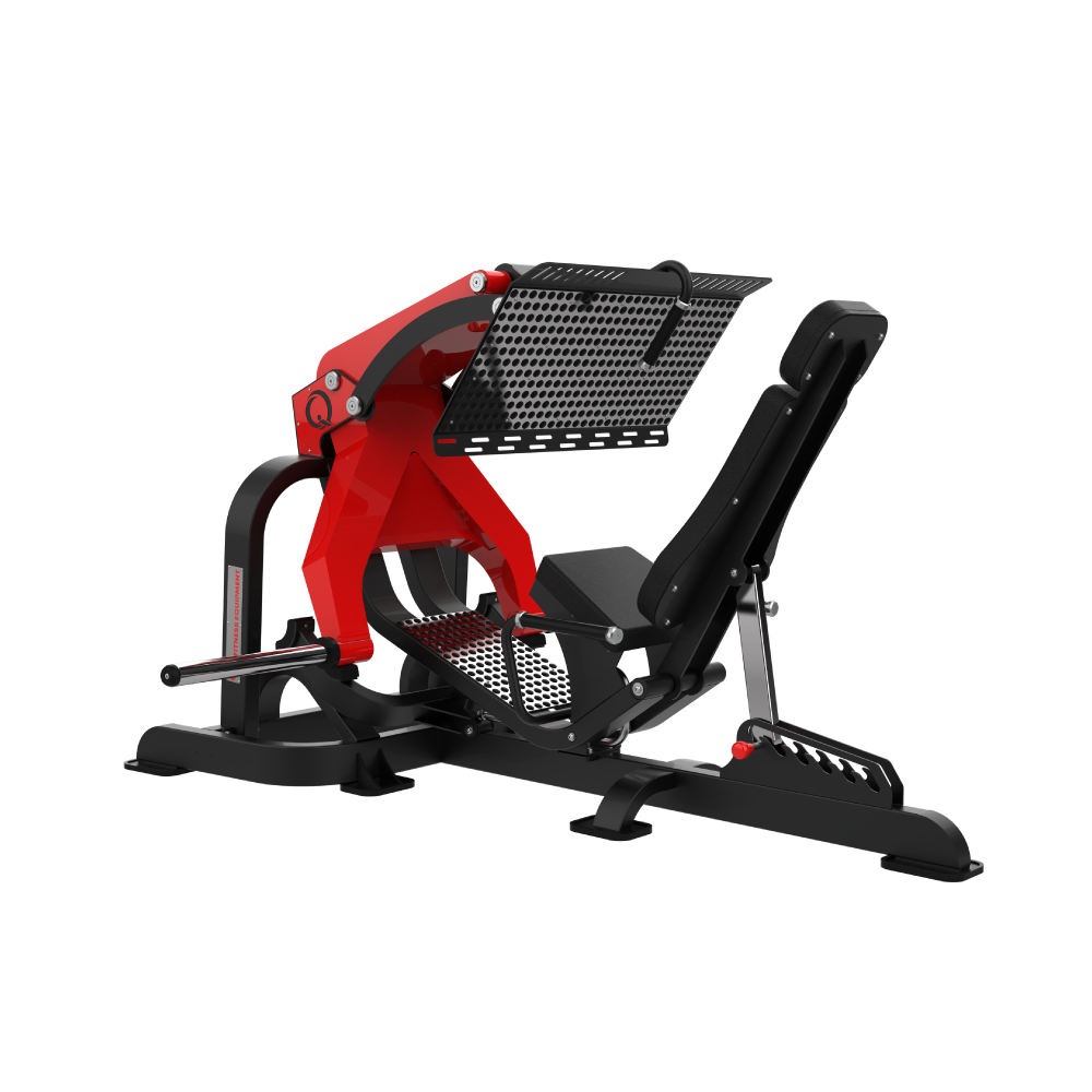 QLI 45 Degree Leg Press QLP045 with red lever arms, large perforated footplate and reclined seat