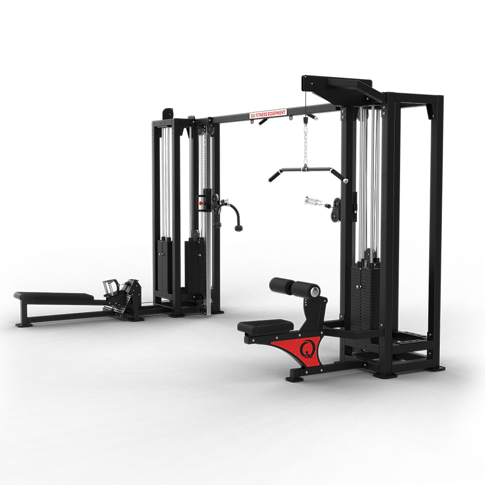 QLI QMCM182 multi-station view, showing the lat pulldown seat and low row bench