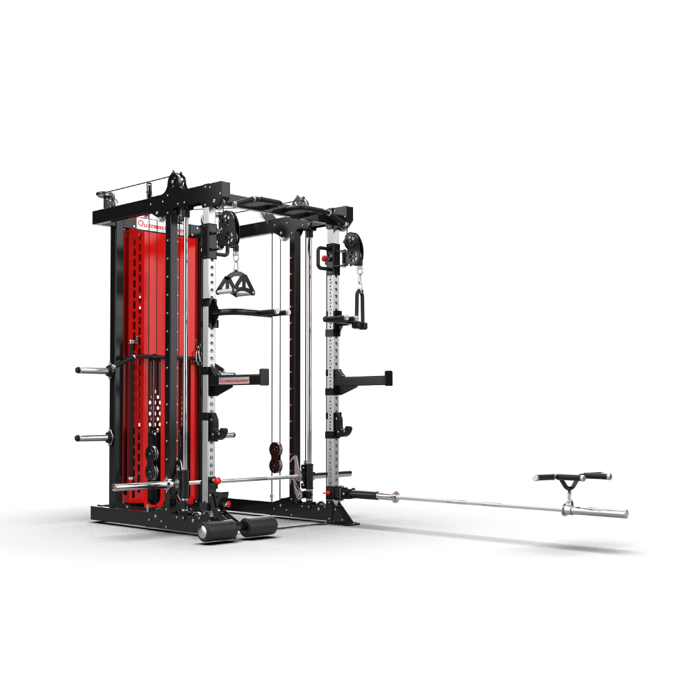 QLI QMFR81 from the side, showing the weight stack shroud and plate storage pegs