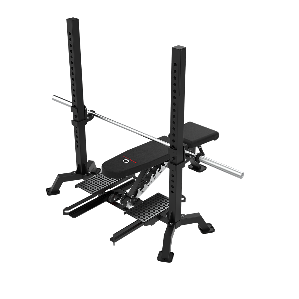 QLI QMP450 multi-bench press from the rear, showing the ladder-style backrest adjuster