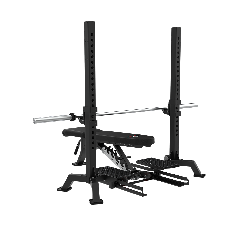 Side view of the QLI QMP450 multi-bench press with the backrest set to incline under a racked barbell