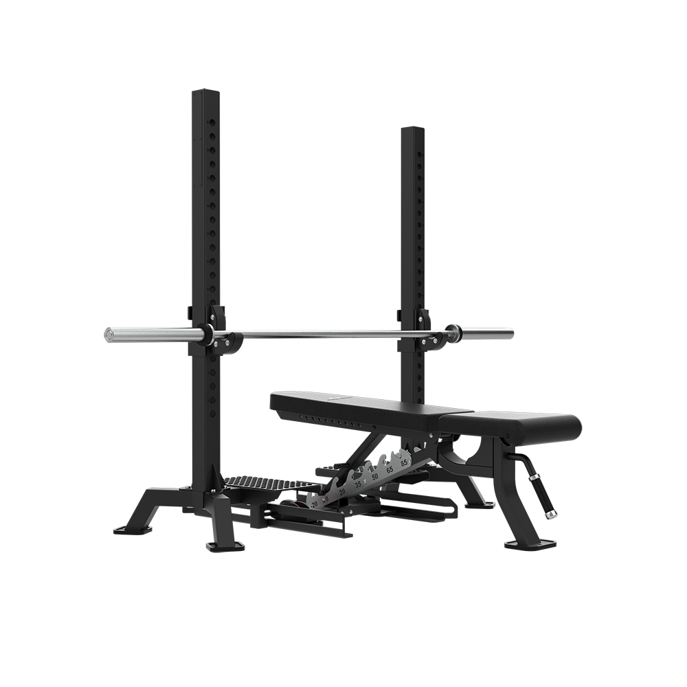 Side profile of the QLI QMP450 multi-bench press, showing the hole-punched uprights and bench frame