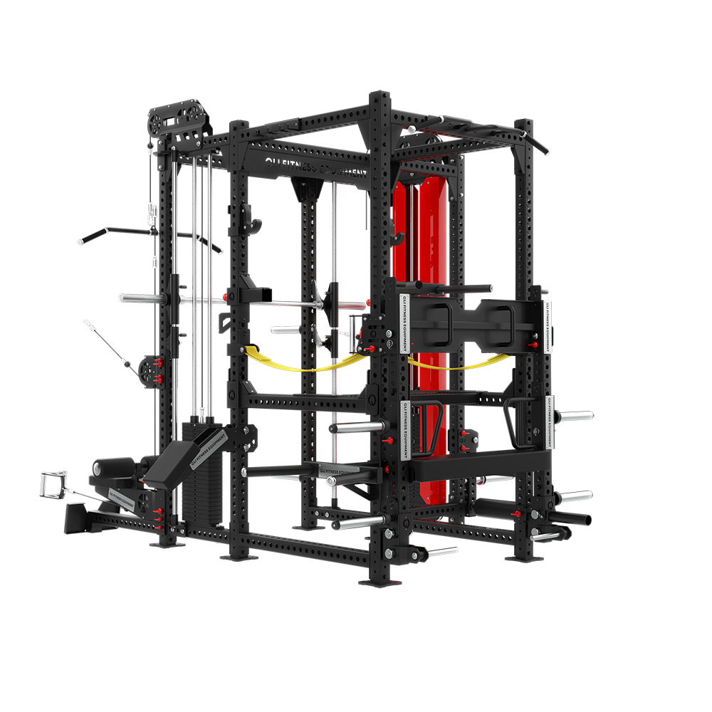 QLI QMPC125 from the front, showing the racked barbell, lat pulldown bar and cable tower
