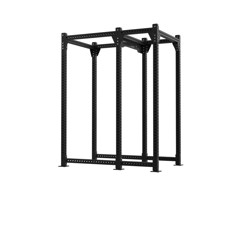 QLI QPC98 power cage three-quarter view, showing the hole-punched uprights and floor frame