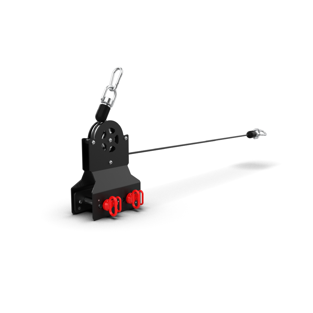 QLI Pulley Cable Attachment QPCA12, an adjustable pulley block with red knobs, a cable and carabiner