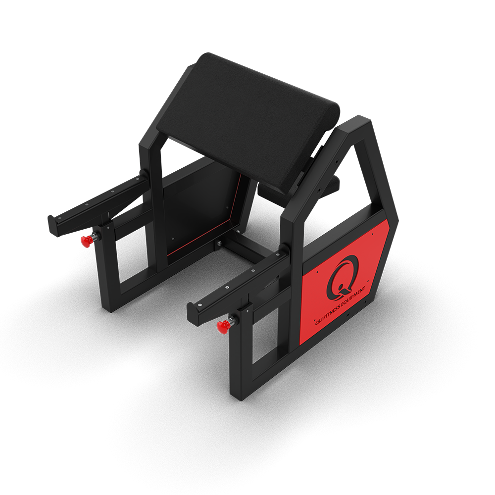 QLI Seated Preacher Curl Bench QPCS042 with angled arm pad, adjustable barbell holders and red QLI side panels