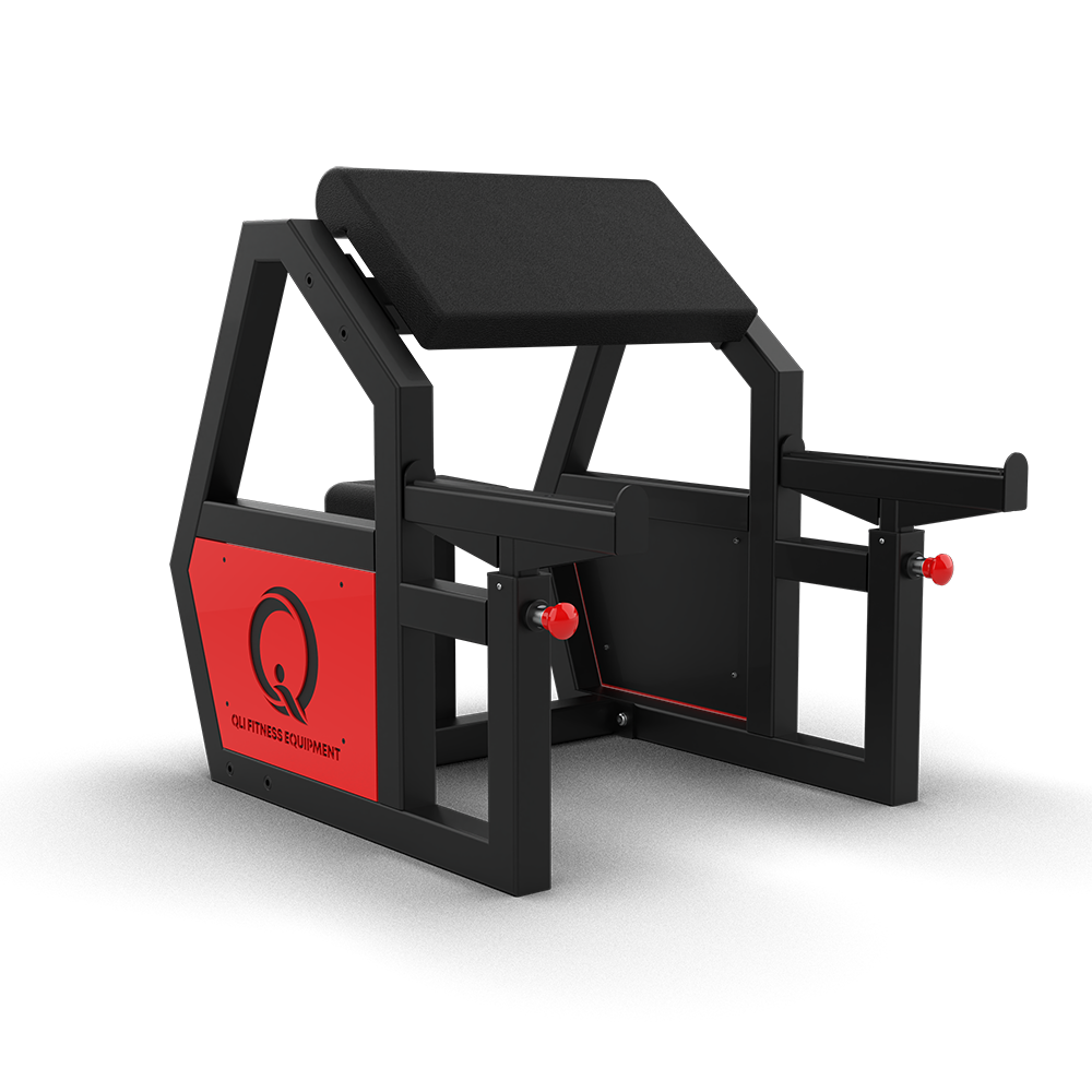QLI QPCS042 preacher curl bench from the front, showing the arm pad and barbell holders