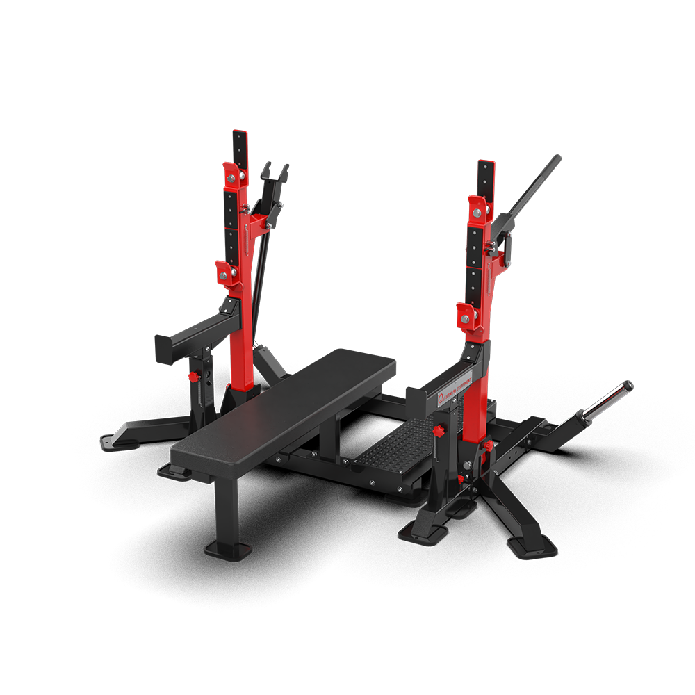 QLI Powerlifting Dual Rack QPDR83 squat and bench combo rack with red uprights, flat bench and spotter arms