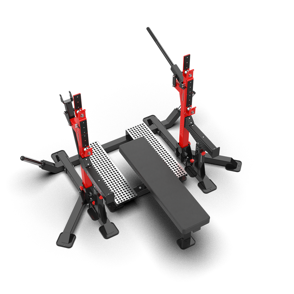 QLI QPDR83 powerlifting rack from above, showing the non-slip footplate beside the removable bench