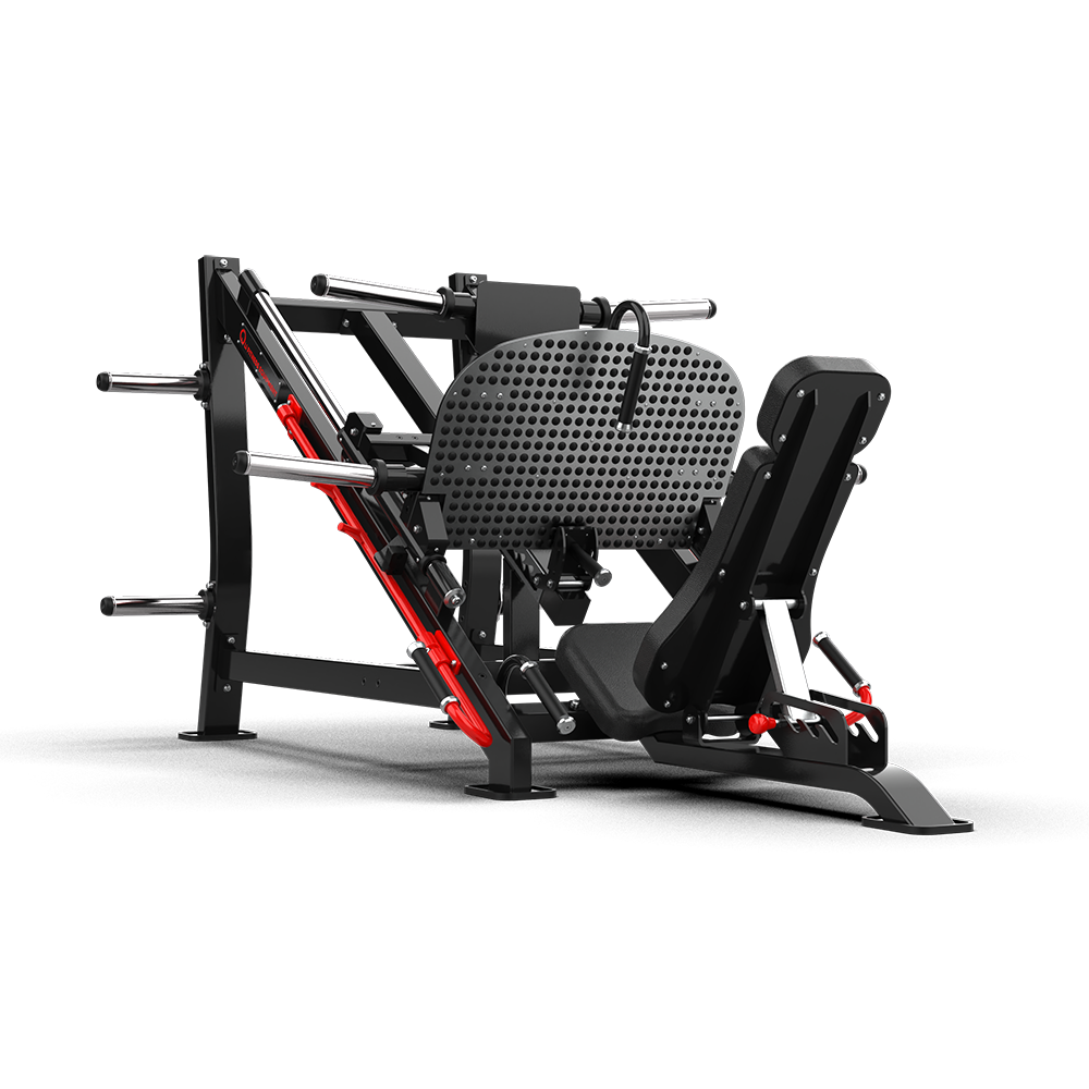 QLI Pure Linear Leg Press QPLP105 with large perforated footplate, adjustable backrest and red sled rails