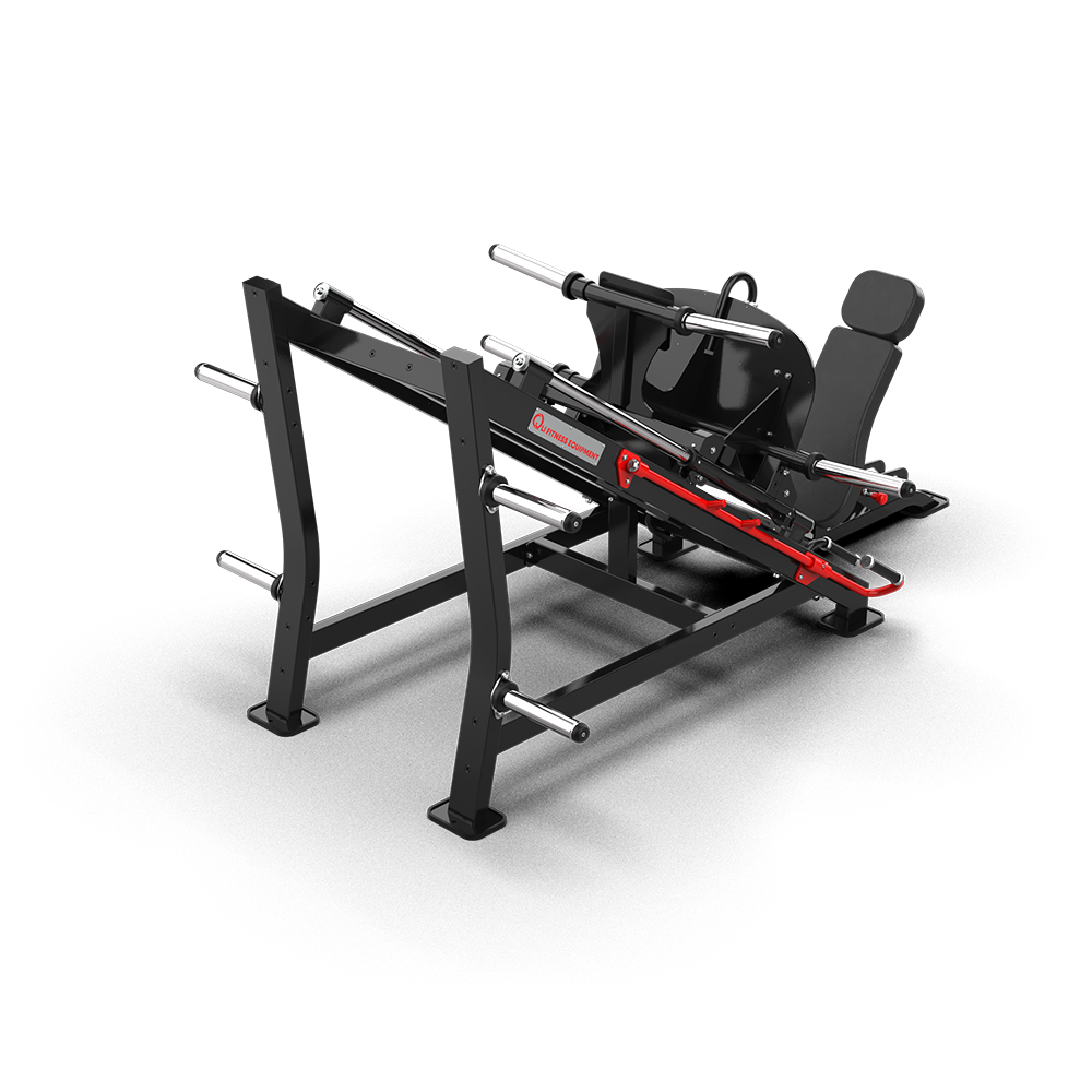 QLI QPLP105 linear leg press from a high rear angle, showing the sled and plate horns