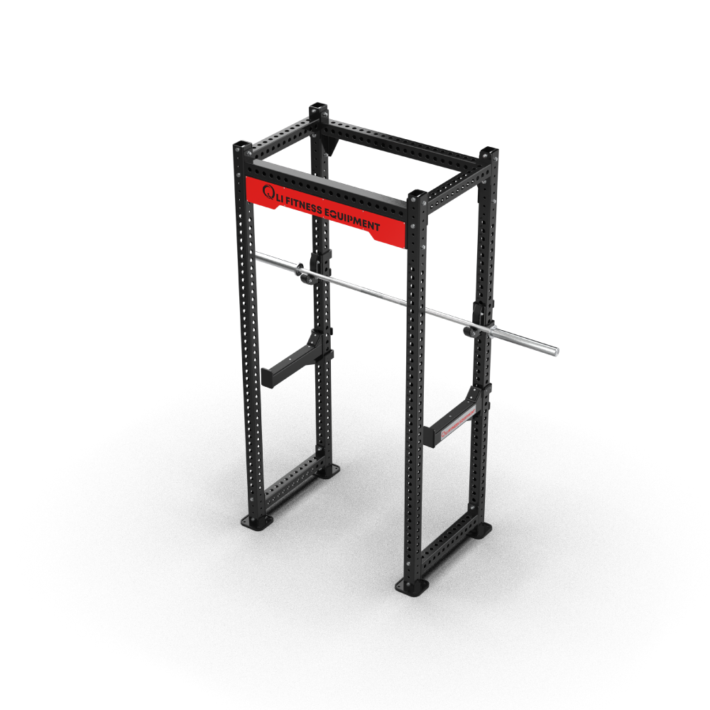 QLI QPR158 power rack from a high angle, showing the top frame and red crossmember