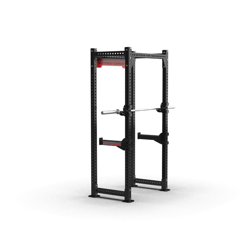 Side angle of the QLI QPR158 power rack, showing the hole-punched uprights and spotter arms