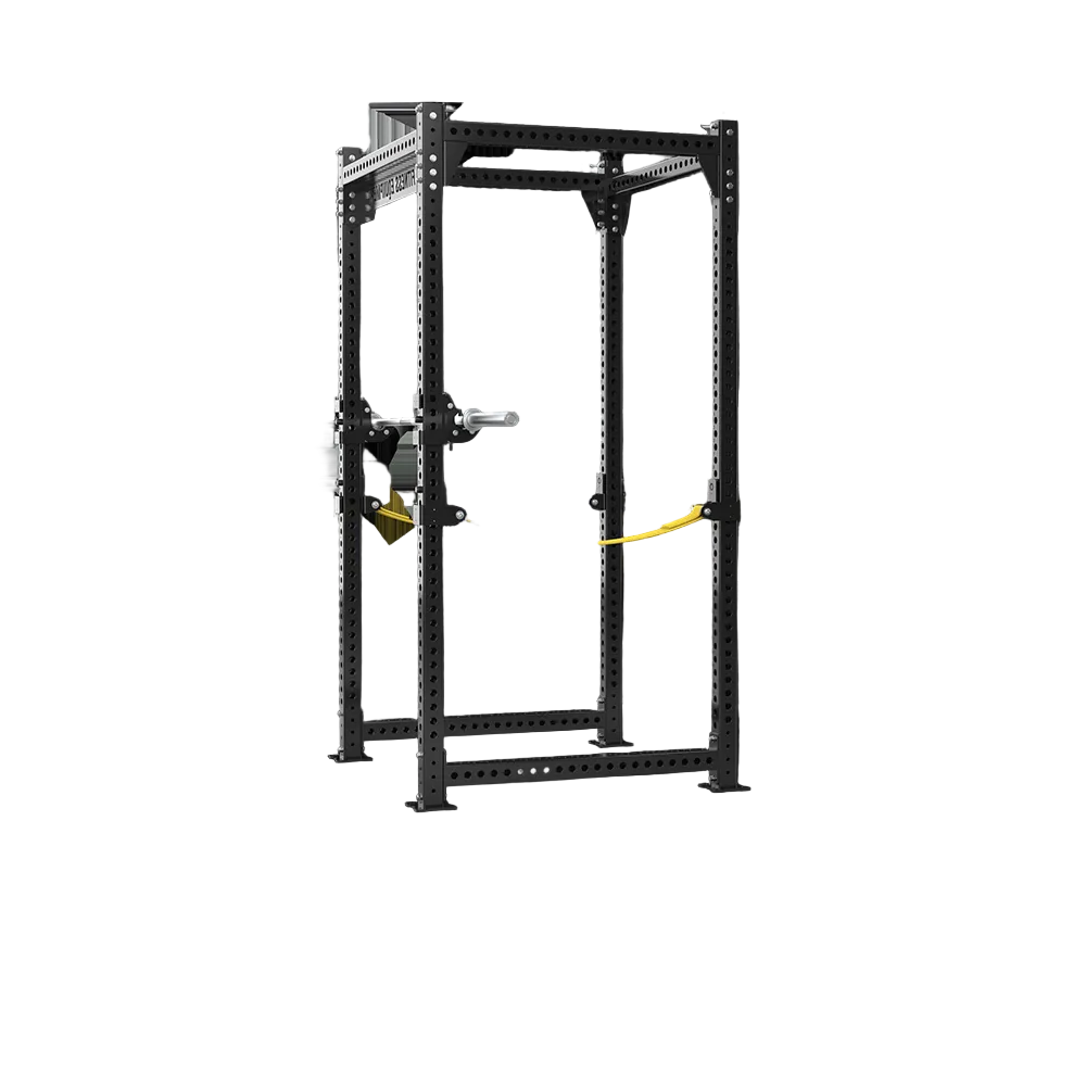 QLI Power Rack QPR165 - commercial four-post power cage with barbell on J-hooks and yellow safety straps
