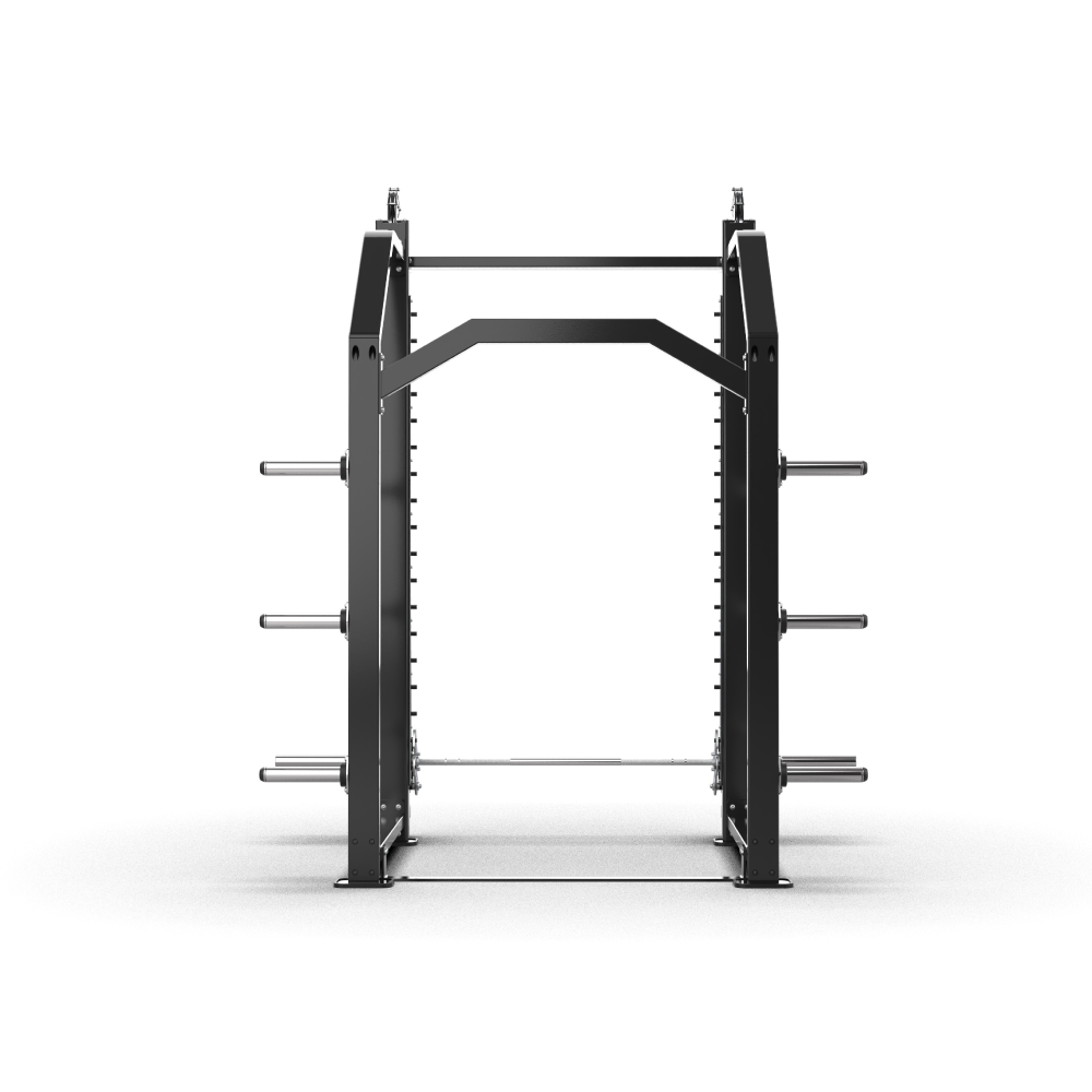 QLI QPR350 Smith power rack from the front, showing the guided bar and plate storage on both sides