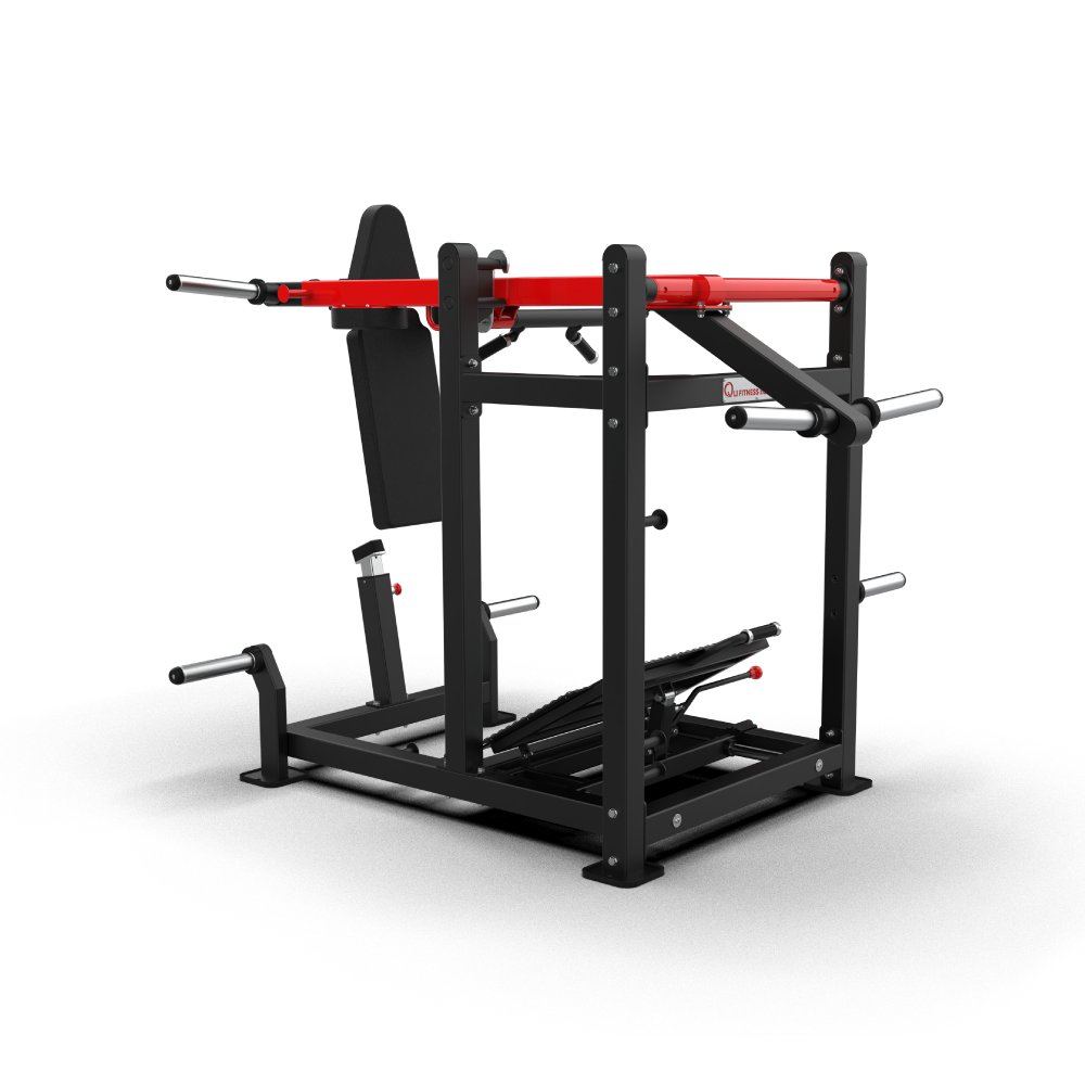 QLI Pendulum Squat M2 QPSM2 with padded back and shoulder pads, red pendulum arm and angled footplate