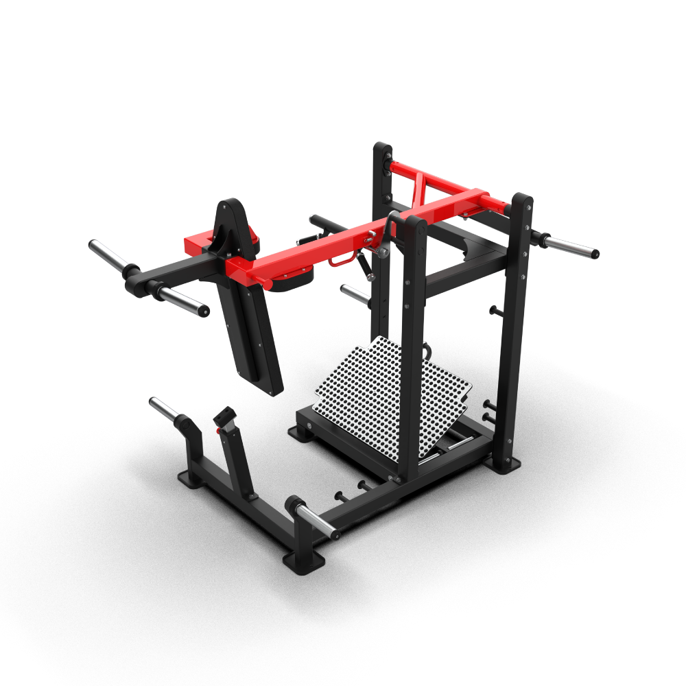 QLI QPSM2 pendulum squat from the front, showing the large perforated footplate and shoulder pads