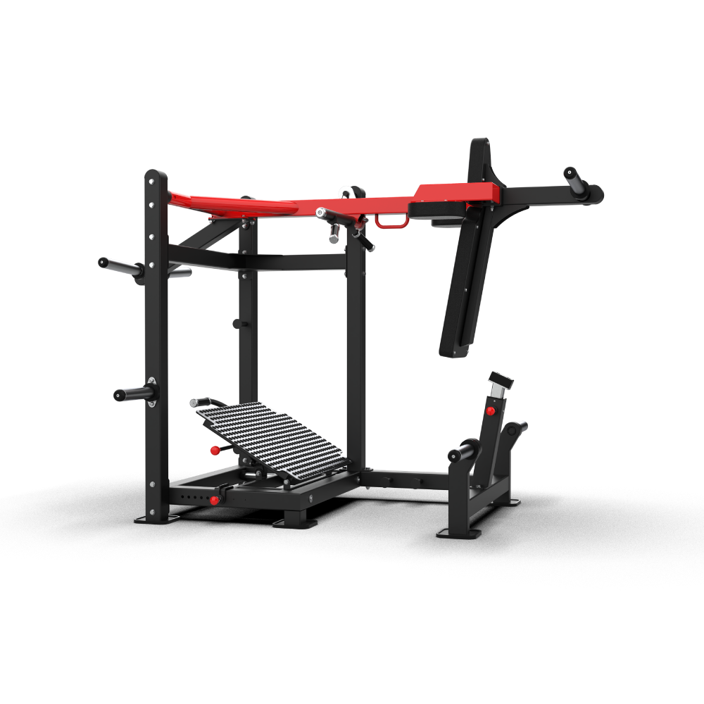 Side view of the QLI QPSM2 pendulum squat, showing the pendulum arm and footplate angle