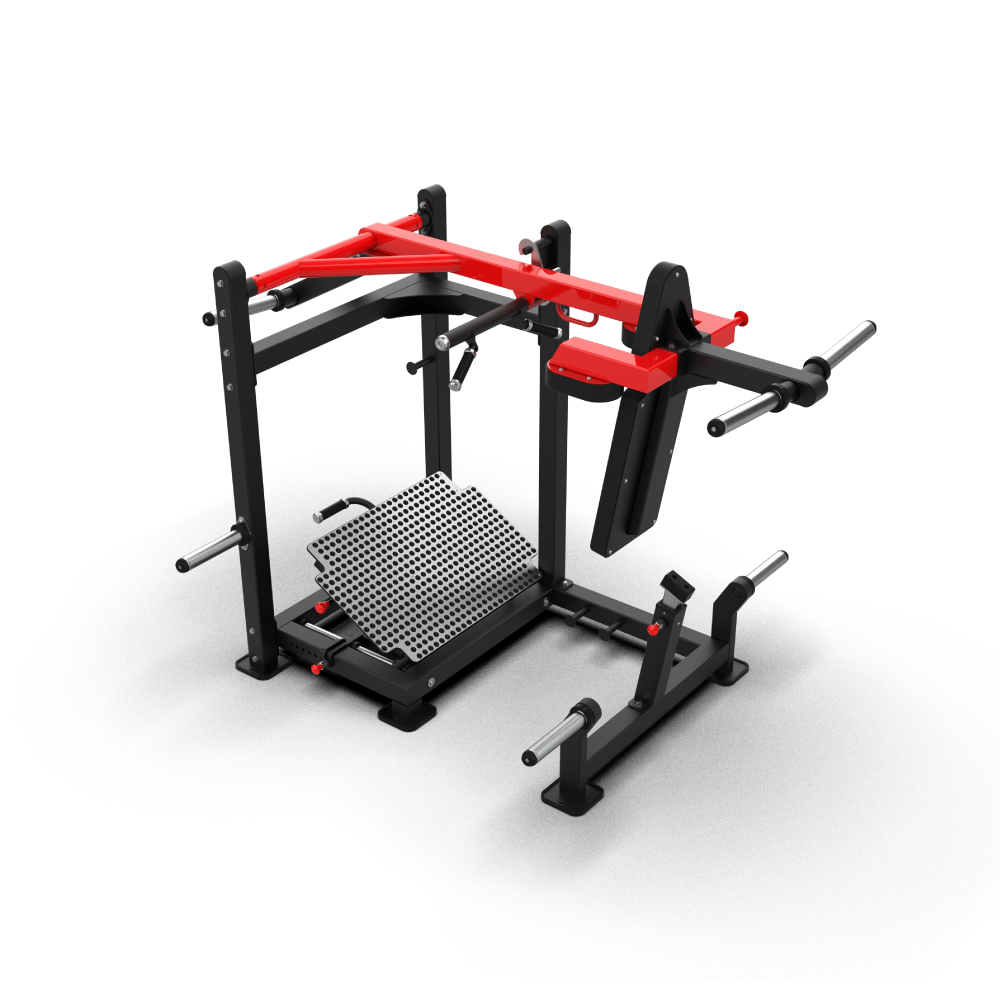 QLI QPSM2 pendulum squat from a high angle, showing the red top frame, footplate and weight horns
