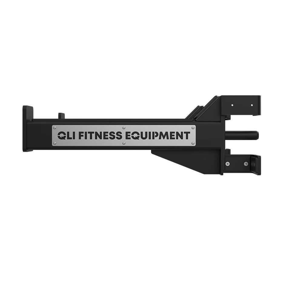 QLI QSA024 spotter arm side view with the QLI FITNESS EQUIPMENT cut-out
