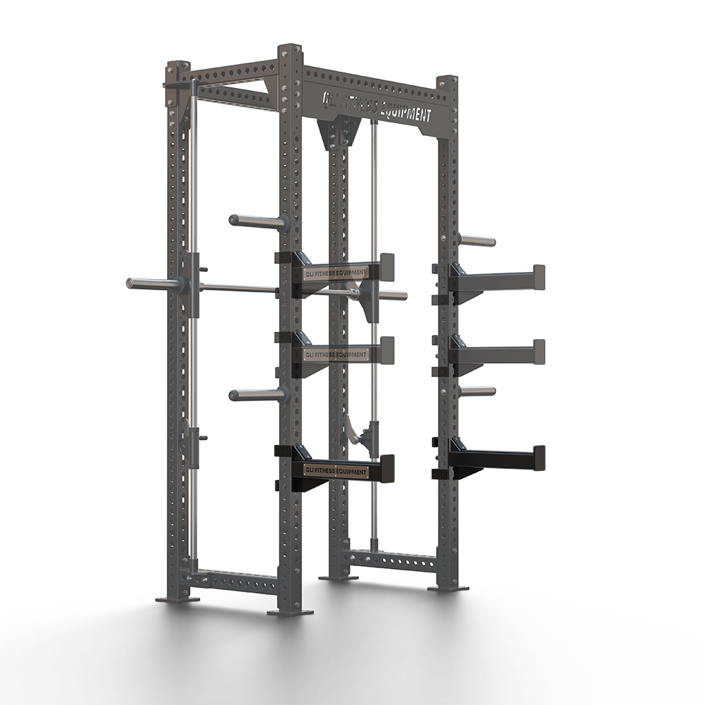 QLI QSA024 spotter arms mounted on a QLI power rack with other attachments