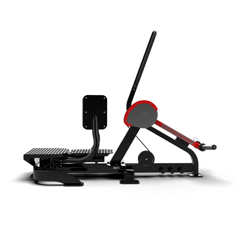 Side profile of the QLI QSA074 standing abductor showing the foot platform, thigh pad, cable link and plate-loaded lever arm