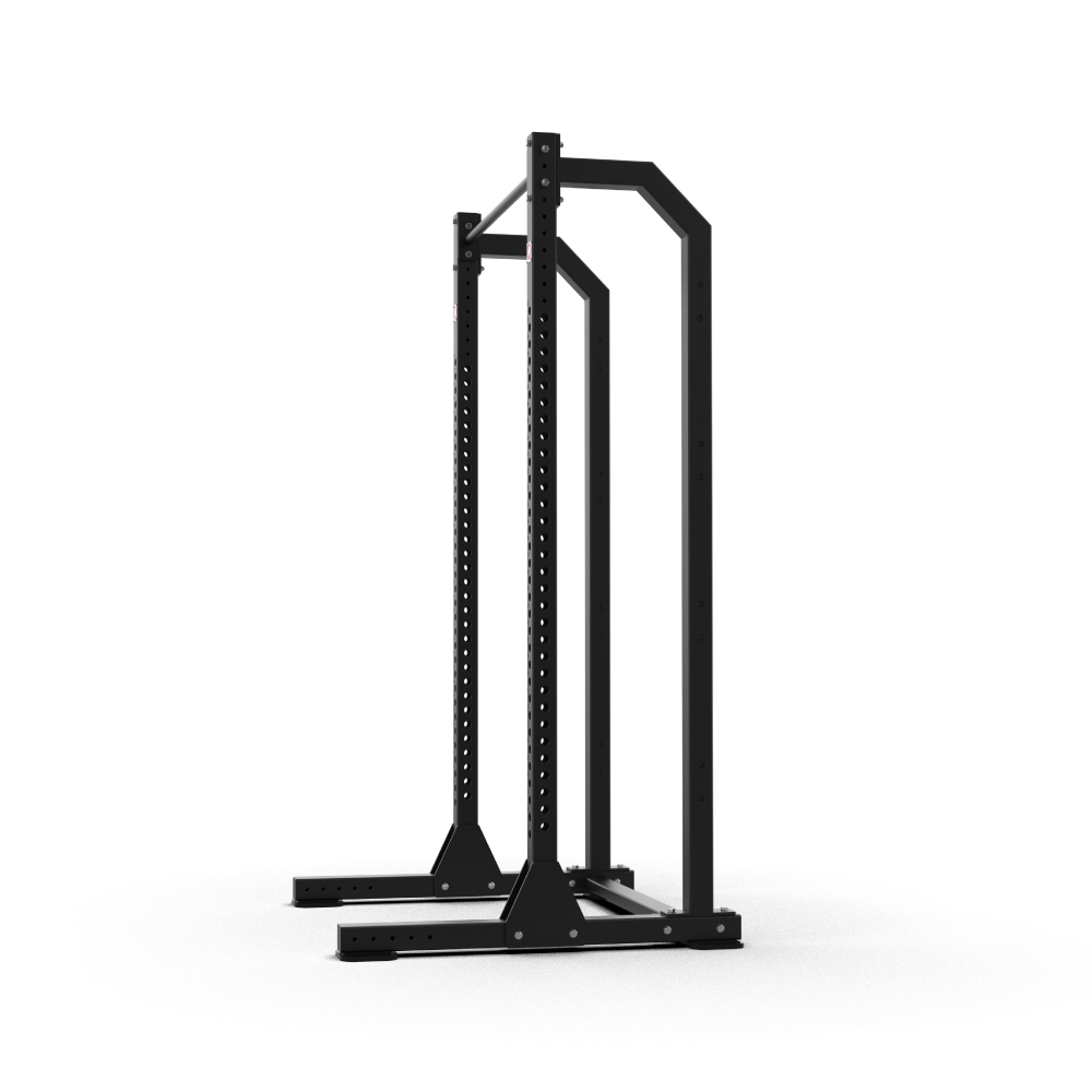 Side profile of the QLI QSPX2 half rack, showing the curved frame linking the front and rear uprights