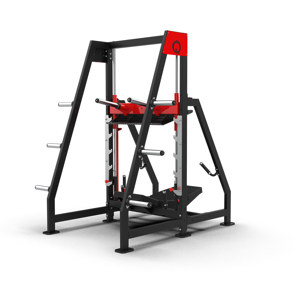 QLI QVLP070 vertical leg press three-quarter view, showing the frame and weight horns