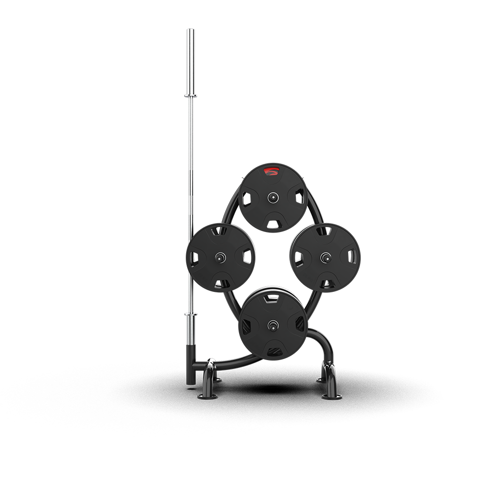 QLI QWPR37 plate rack shown loaded with weight plates, with a barbell stood upright at its base