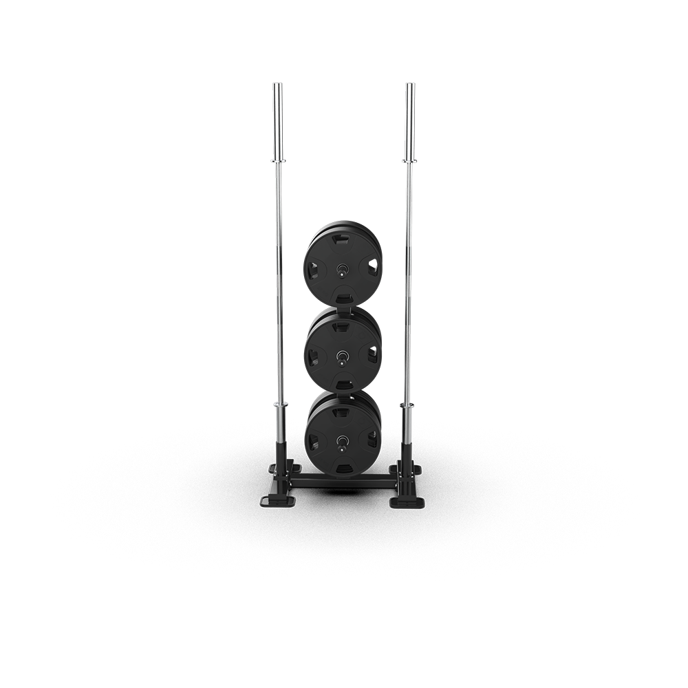 QLI QWT400 weight tree shown loaded with plates, with two barbells stood upright in the base holders