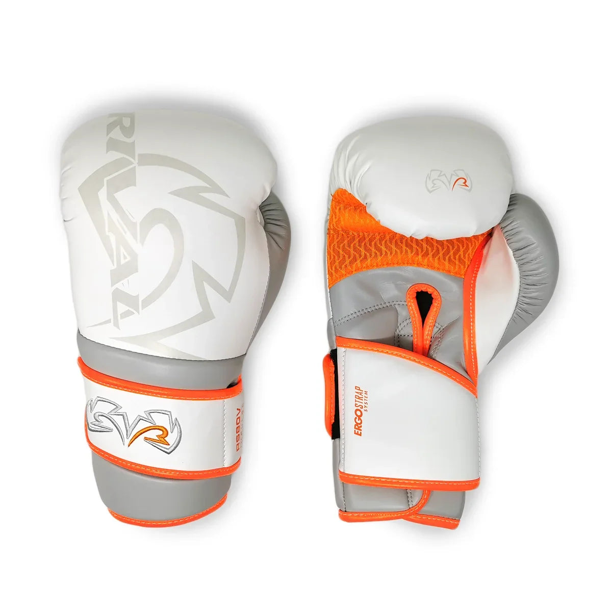 Rival RS80V Impulse sparring gloves white and orange side view showing angled Ergo Strap